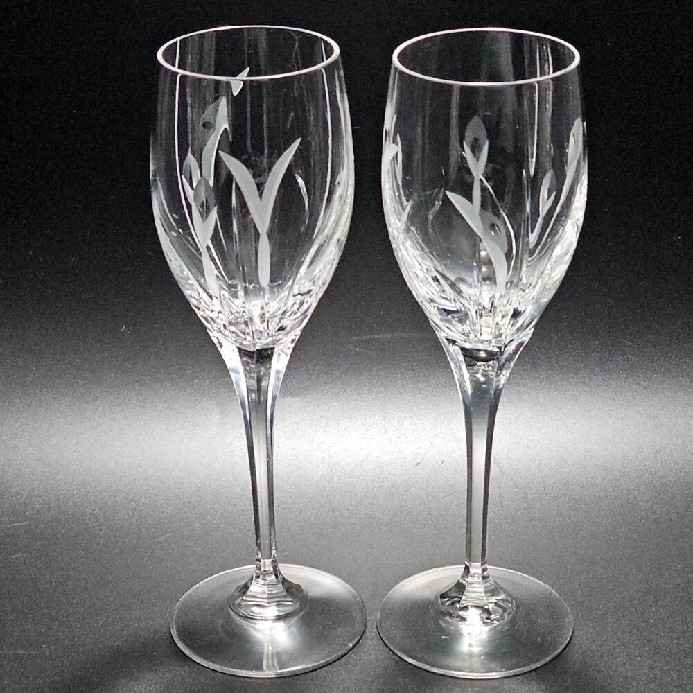 2 Mikasa Calla Lily Wine Glass 8.5" frosted cut crystal floral sculpted stem